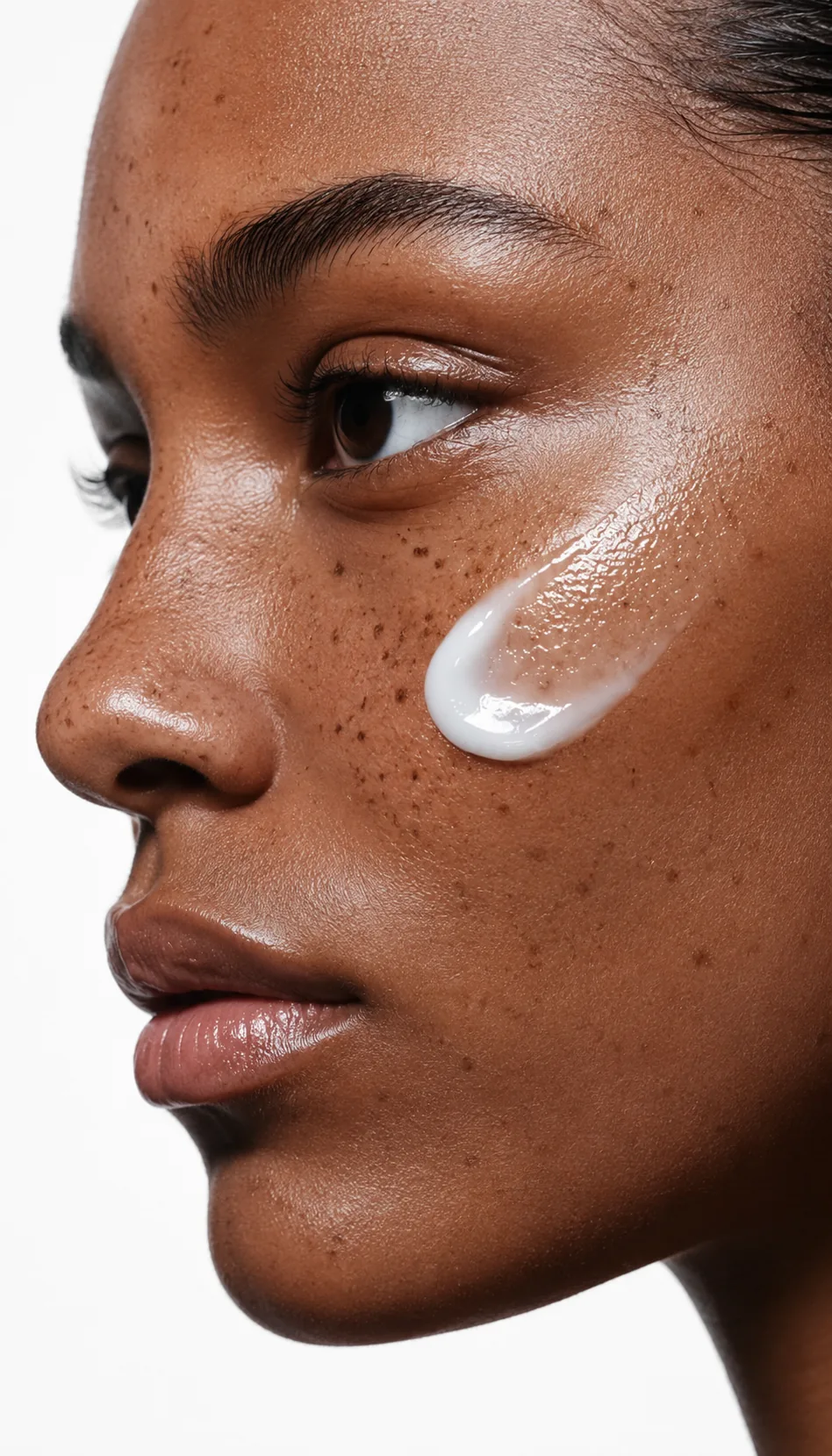 Profile close-up of a model's face with Bibé cream applied to the cheek