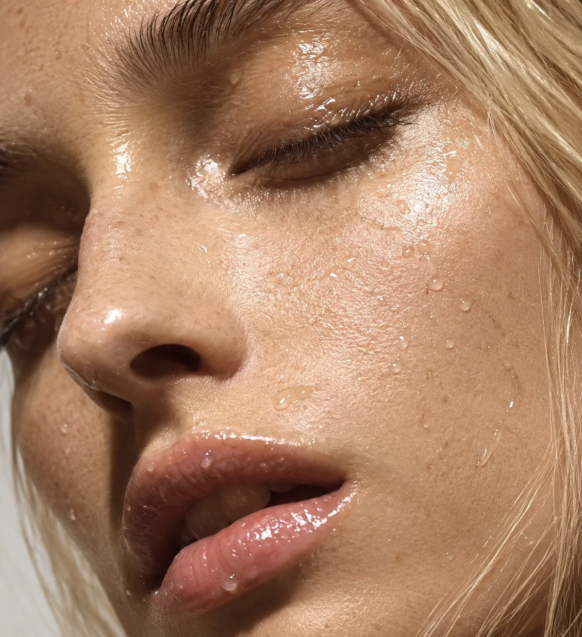 Macro close-up of dewy skin with closed eye