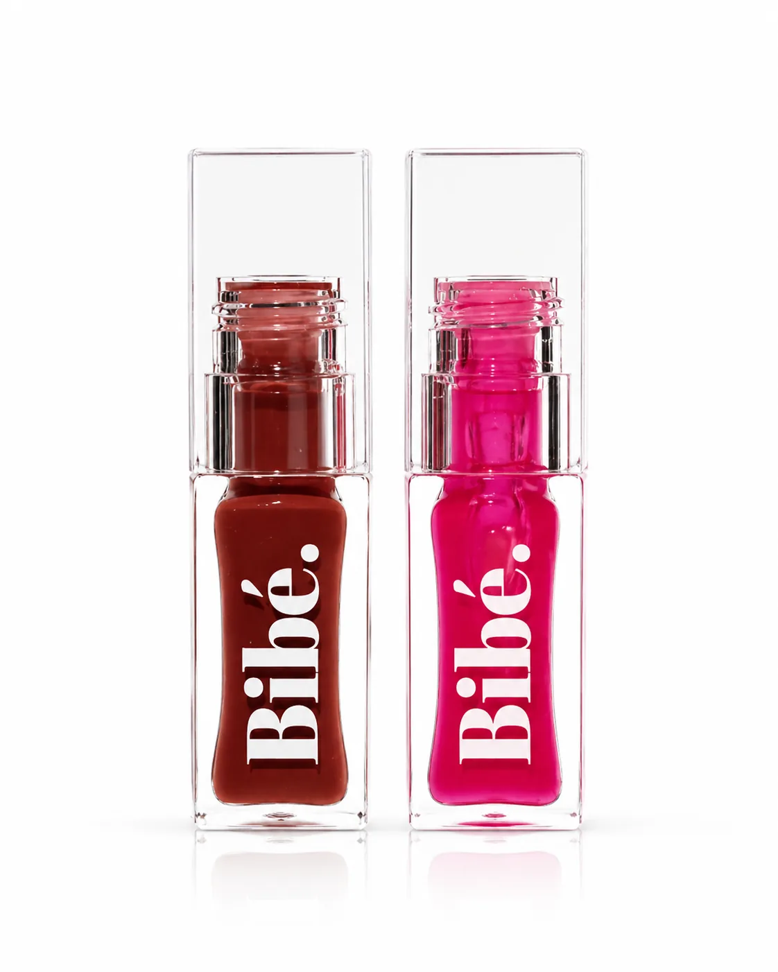 Two Bibé lip gloss bottles, product still life