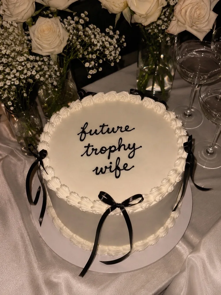 'Future trophy wife' cake with white roses and champagne glasses