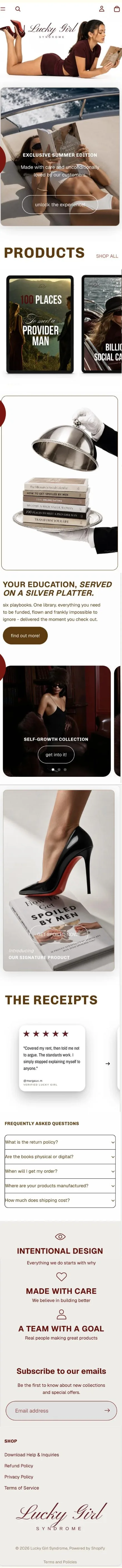 New Lucky Girl Syndrome website, full page, editorial photography