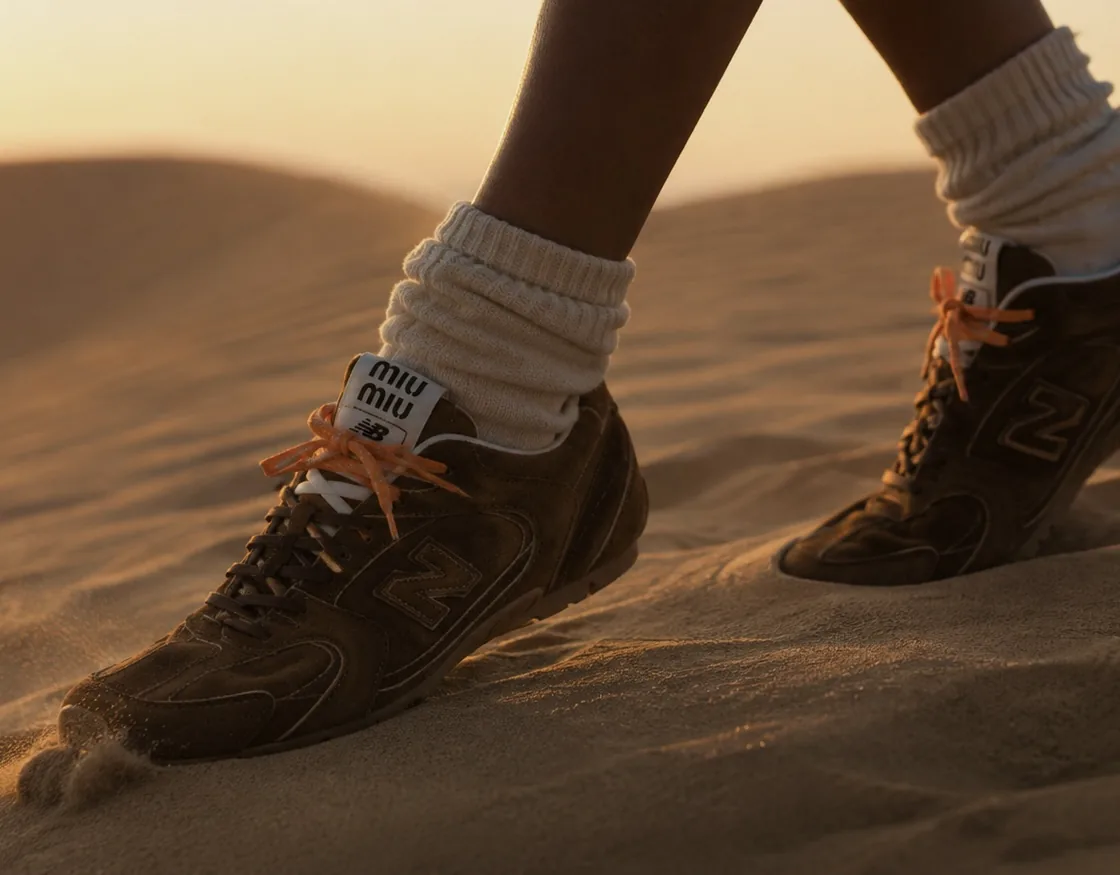 Close-up of the Miu Miu x New Balance sneaker walking on sand