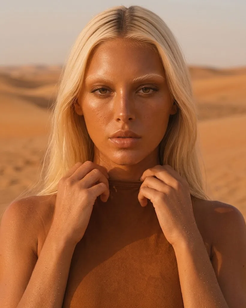 Campaign model adjusting collar, desert backdrop