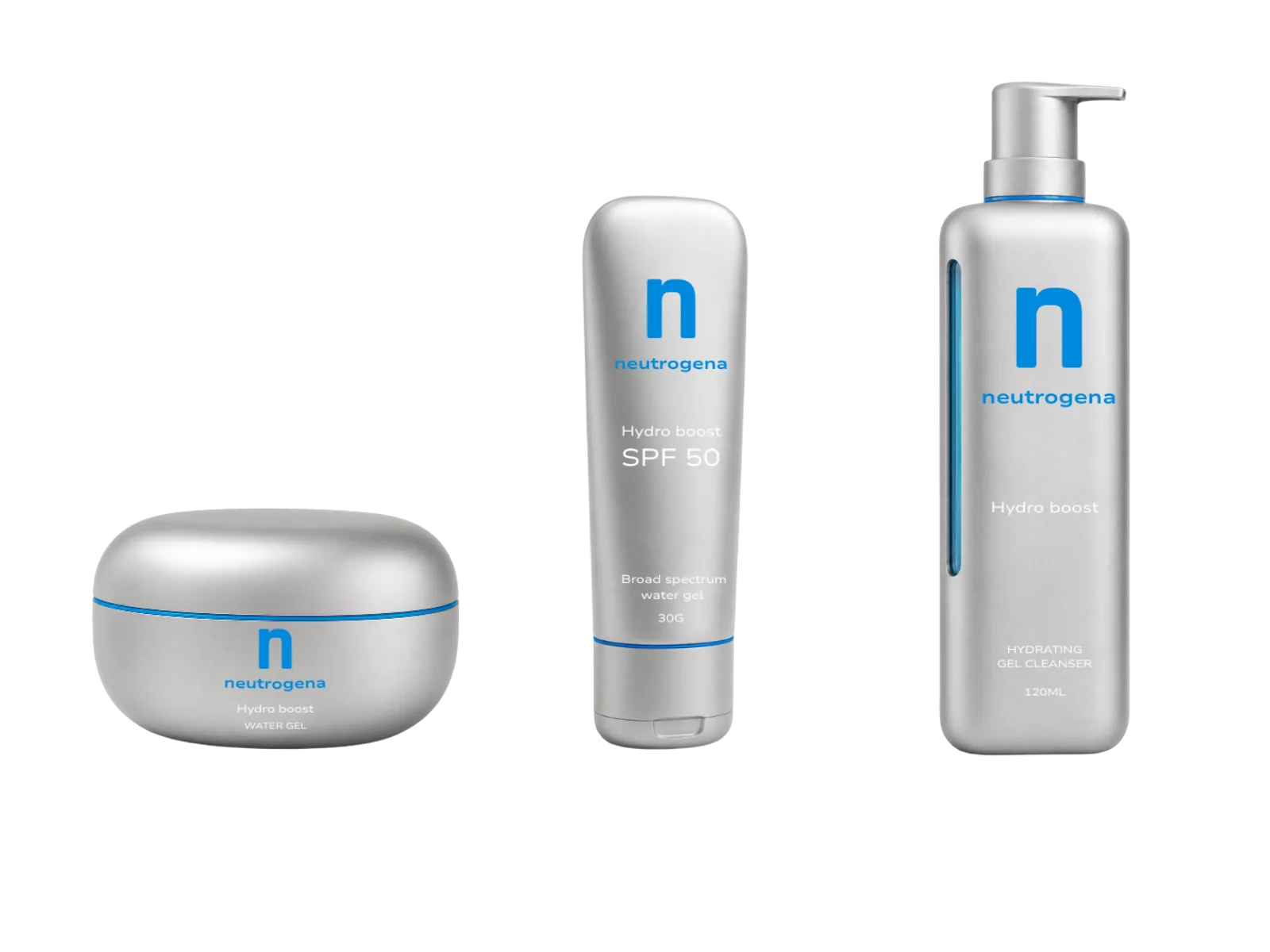 Reimagined silver Neutrogena Hydro Boost product lineup, cut out on transparent background
