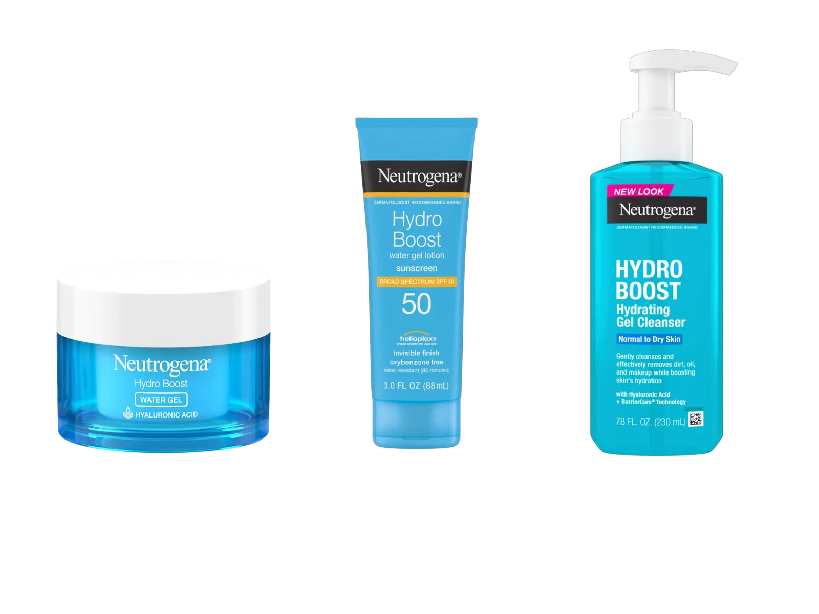 Original blue Neutrogena Hydro Boost product lineup, cut out on transparent background
