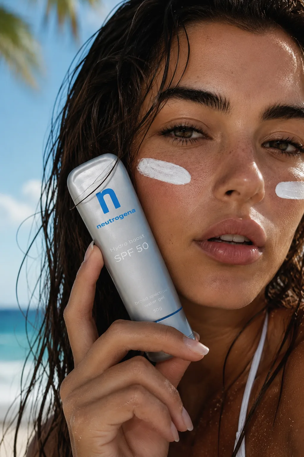 Model on a beach holding the reimagined SPF stick to her cheek