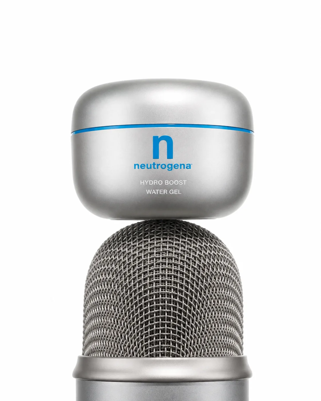 Concept mockup: a Neutrogena Hydro Boost jar mounted atop a microphone
