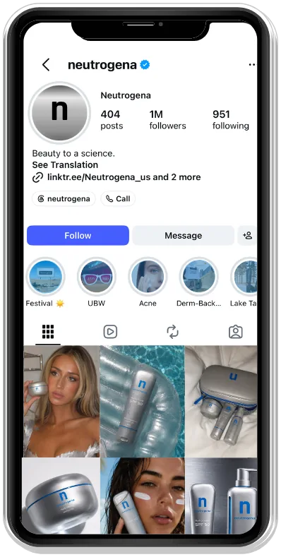 Neutrogena Instagram profile after the rebrand, cohesive silver-toned grid