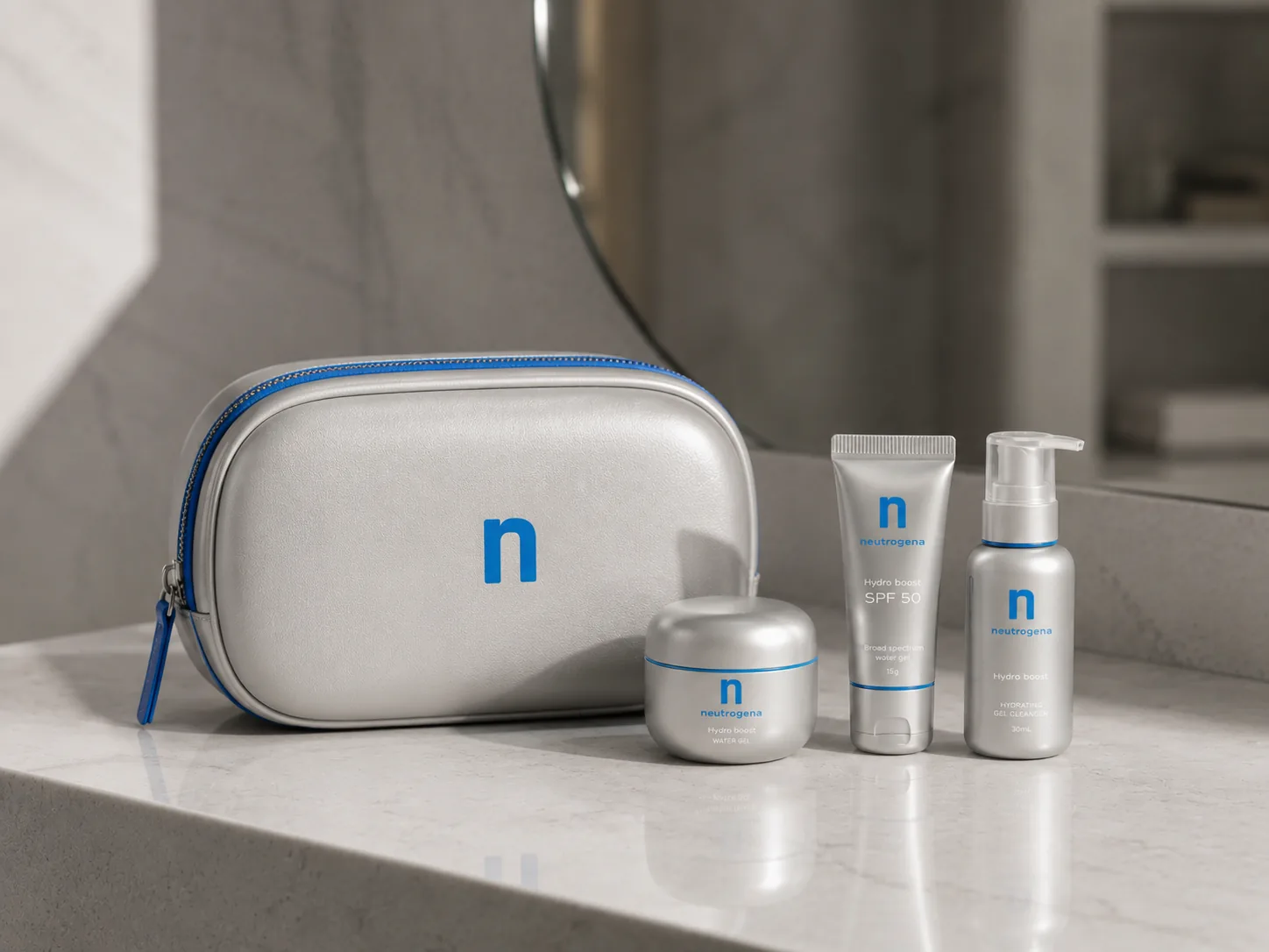 Reimagined silver travel kit pouch with three mini products
