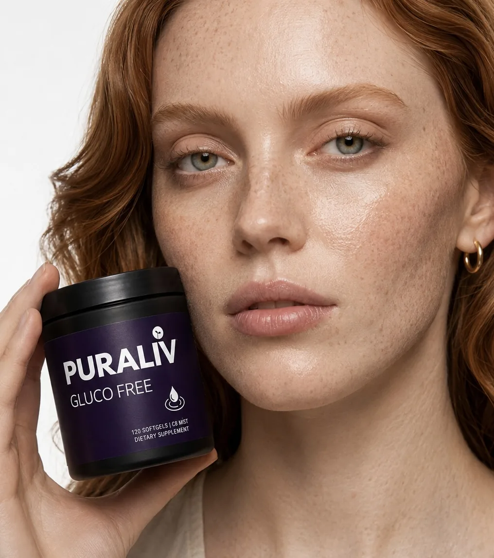 Model holding a Puraliv Gluco Free jar against her cheek