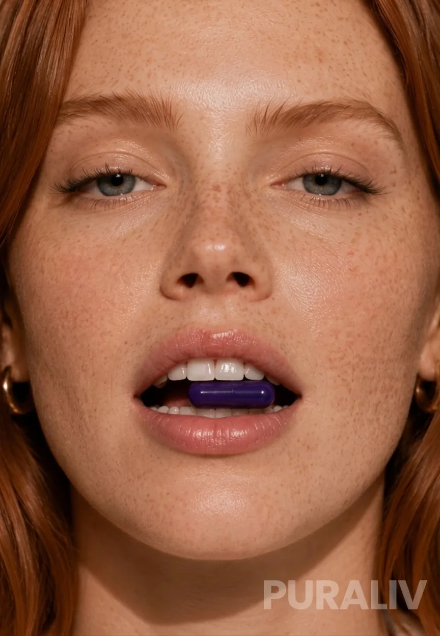 Puraliv Gluco Free capsule held between teeth, extreme close-up
