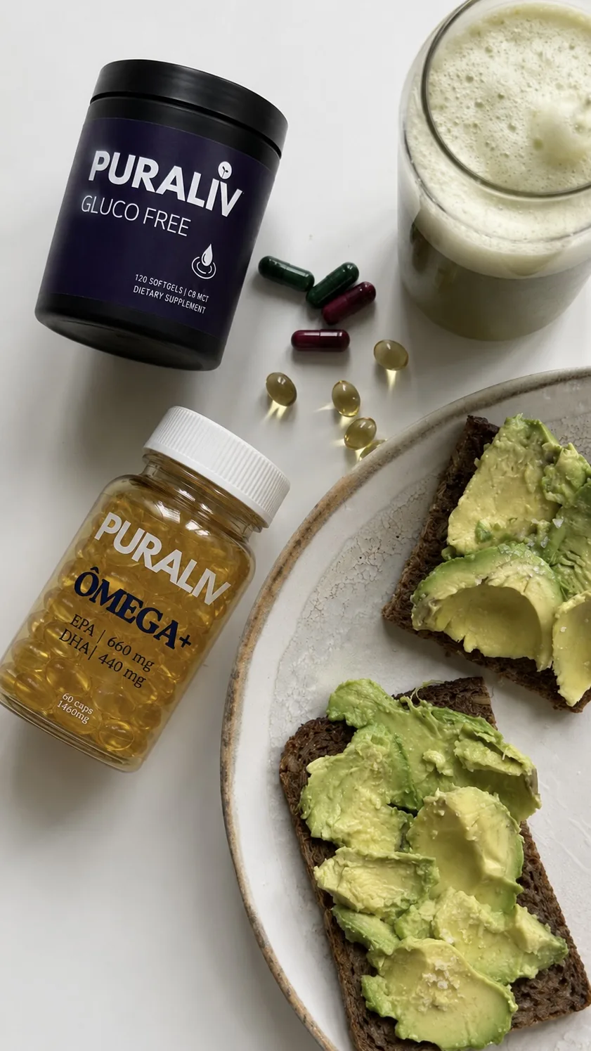 Puraliv flatlay with Gluco Free, Omega+ and an avocado toast breakfast
