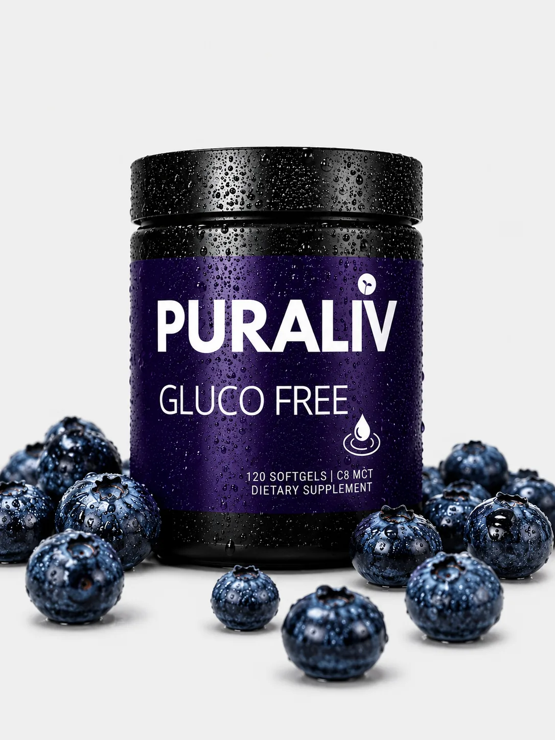 Puraliv Gluco Free jar surrounded by fresh blueberries