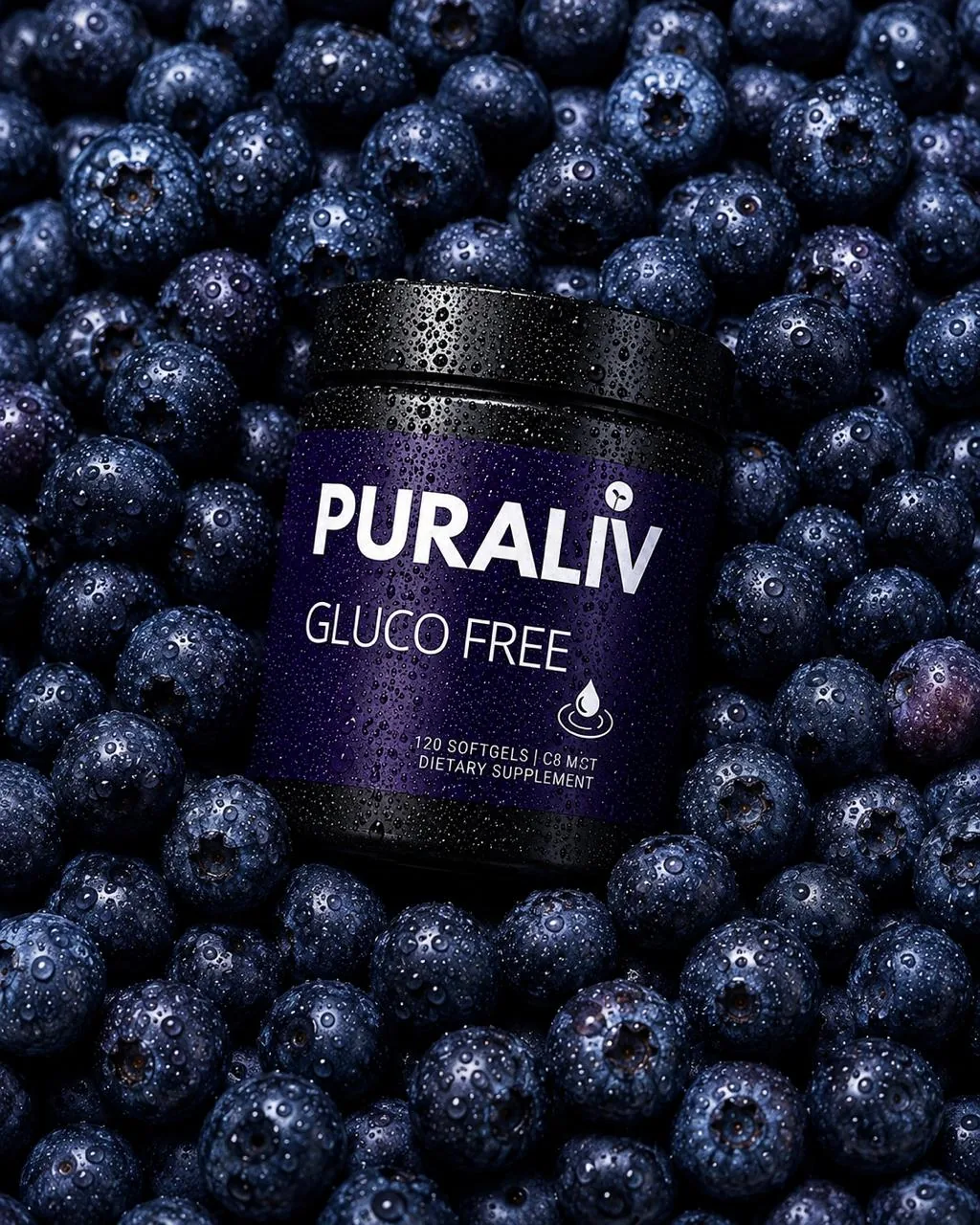 Puraliv Gluco Free jar nestled in a bed of fresh blueberries